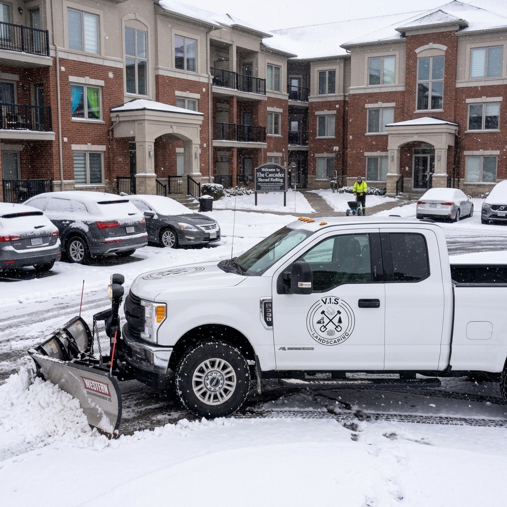 Illustration of a Vis Landscaping plow truck clearing snow from a large shopping-centre parking lot in Niagara.