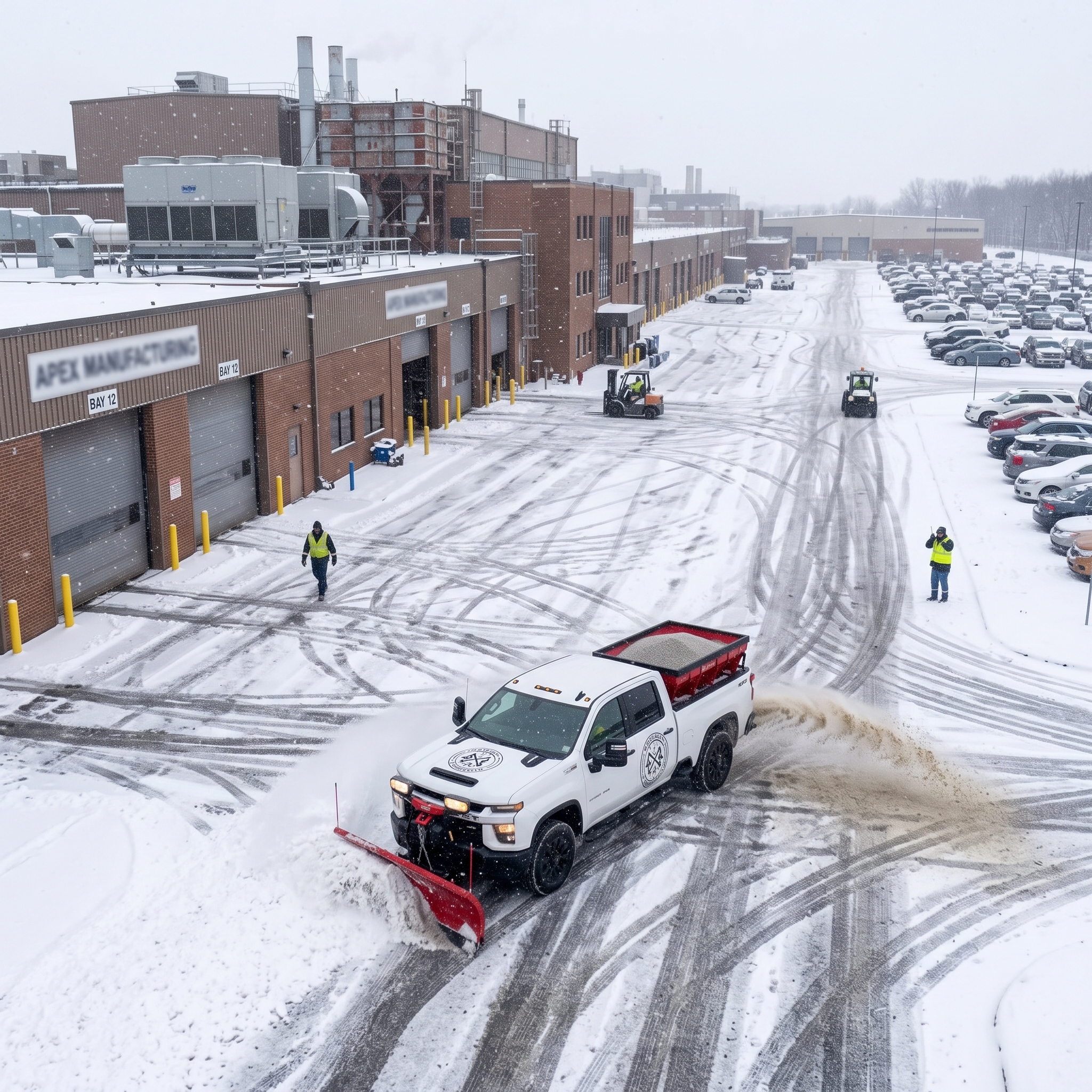 Illustration of a Vis Landscaping plow and salt-spreader truck servicing a large industrial parking lot in Niagara.