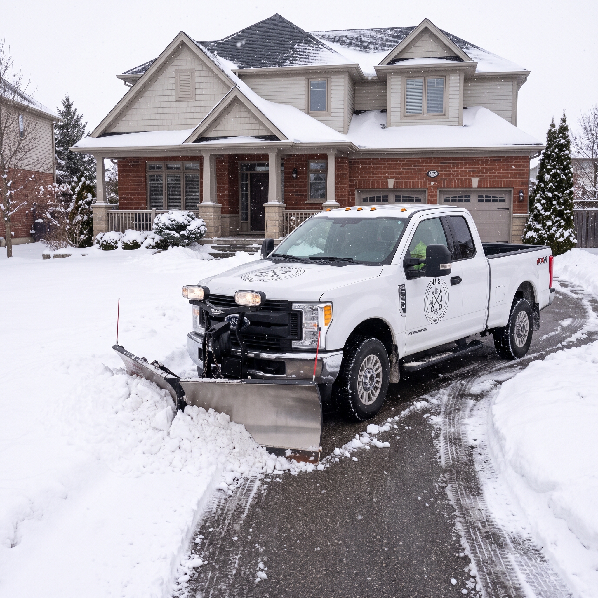 Illustration of a Vis Landscaping salt-spreader truck servicing contracted driving areas at a hospital property.