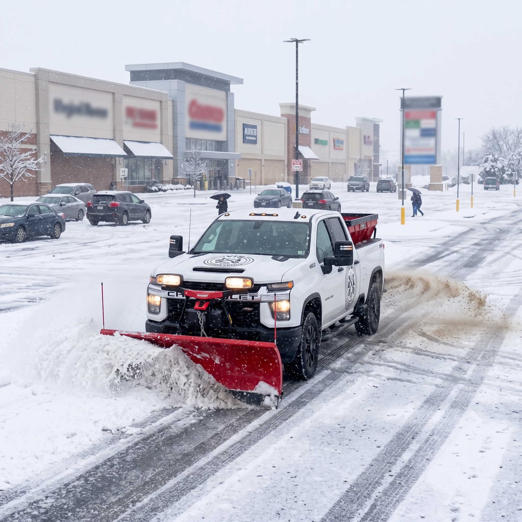 Illustration of a Vis Landscaping truck clearing snow from a condominium parking area in Niagara.