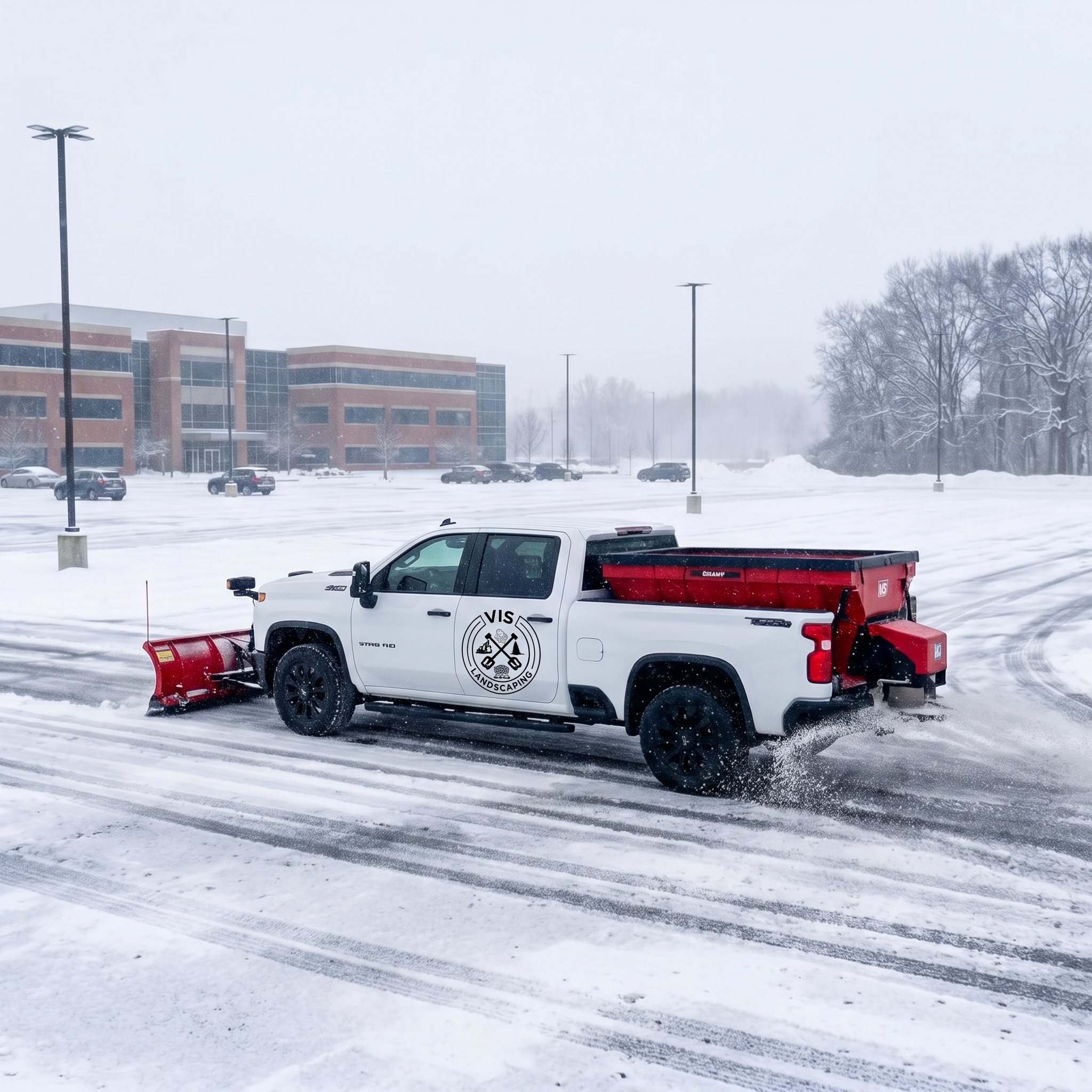 Illustration of a Vis Landscaping plow truck clearing snow from a large shopping-centre parking lot in Niagara.